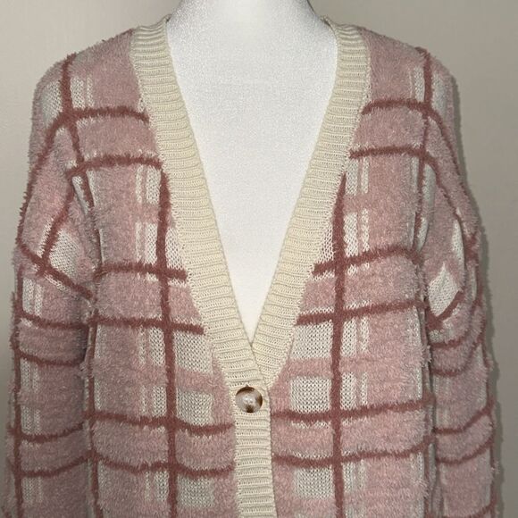 Lauren Conrad L Ivory Mauve Pink Plaid Cozy Chenille Knit Cardigan Sweater - Picture 2 of 11